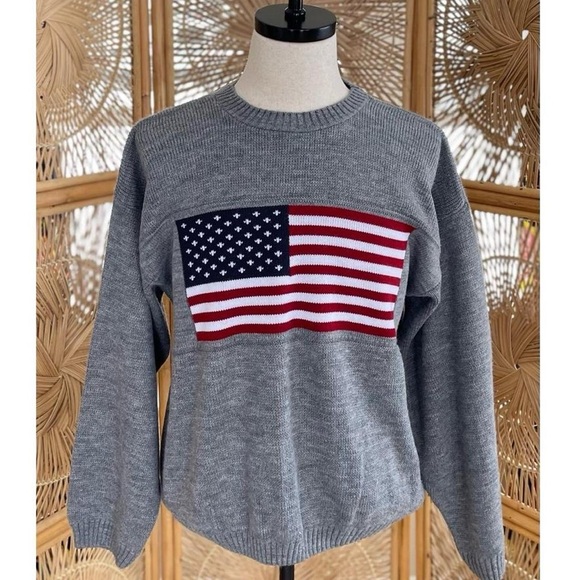 Vintage Faded Glory Grey Knit American Flag Crewneck Sweater - Picture 6 of 6
